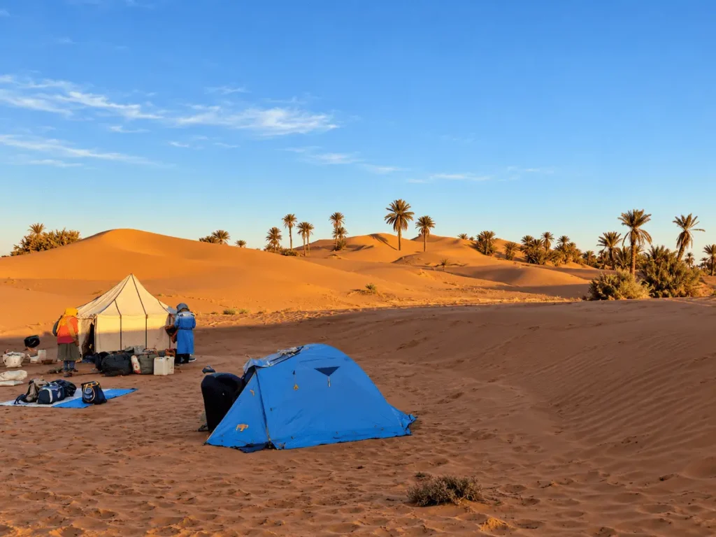 Bivouac among the dunes during a Moroccan Sahara trek