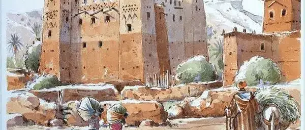 Carnet de voyage au Maroc avec dessin d’une kasbah dans les vallées de l’Atlas